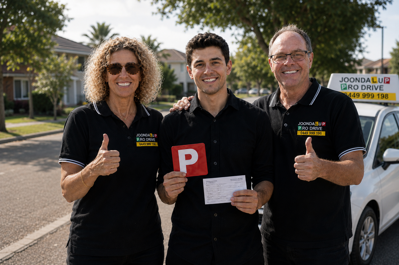 A proud Joondalup Pro Drive School student holding his red P-plate beside the school car after passing his test