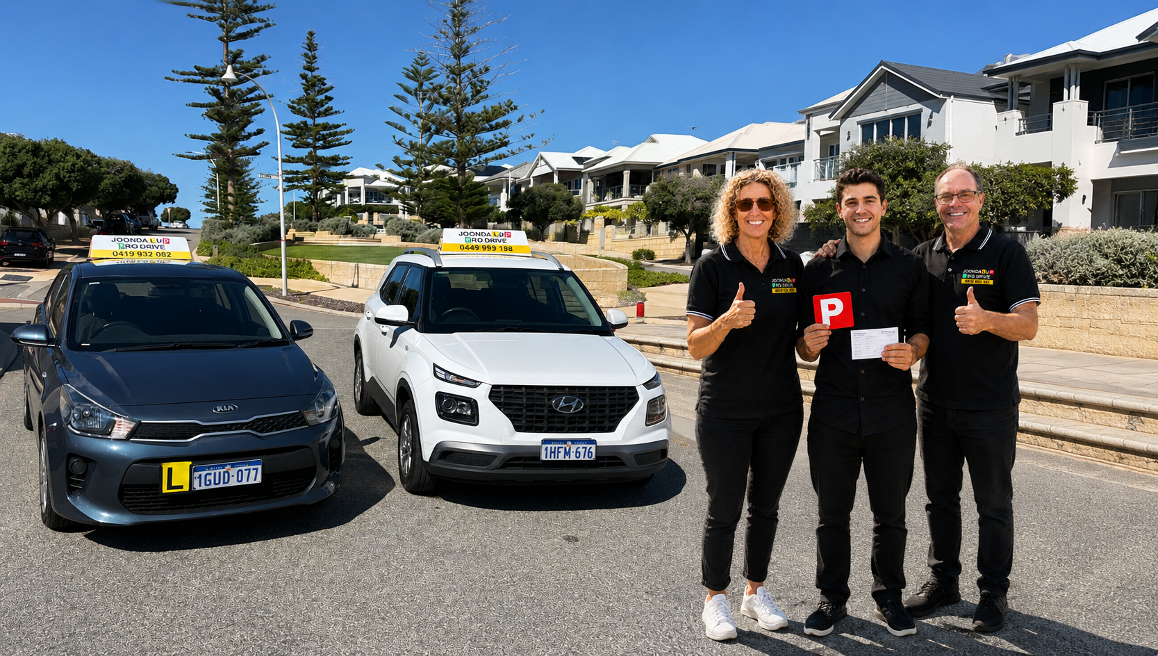 A proud Joondalup Pro Drive School student holding his red P-plate beside the school car after passing his test